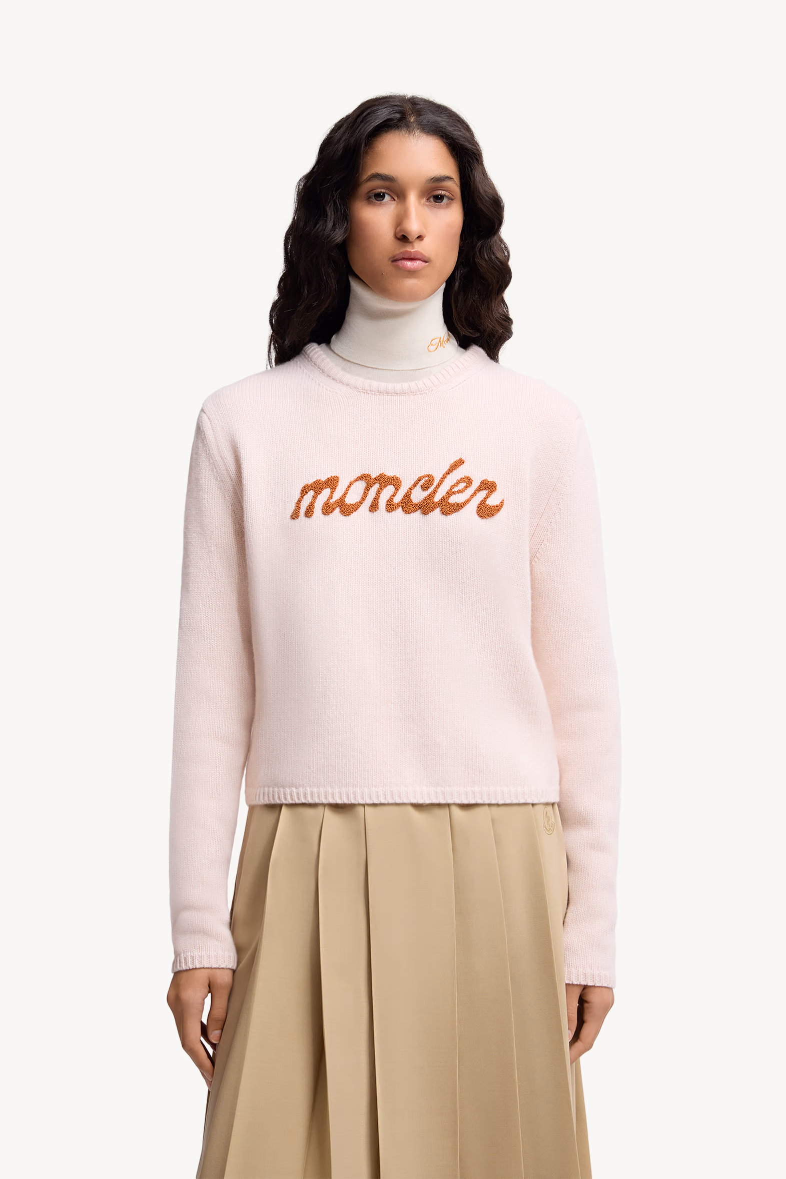 Jersey de lana y cachemira con logotipo bordado Mujer Rosado claro Moncler 3